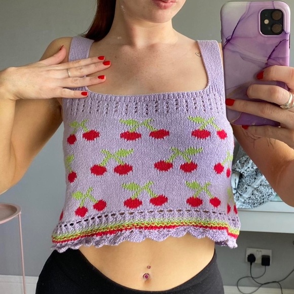 Zara Cherry Patterned Purple Knit Top - Picture 1 of 3